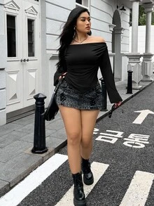 Muchica Plus Size Women's Solid Color Long Sleeve Off Shoulder Casual T-Shirt, Autumn Fall - Black - View 4