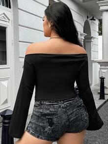 Muchica Plus Size Women's Solid Color Long Sleeve Off Shoulder Casual T-Shirt, Autumn Fall - Black - View 2