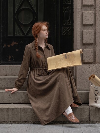 INAWLY Vintage Brown Collared Shirt Dress For Women, Autumn New Style, Waist-Cinching Drawstring Tie, Slimming Long Sleeve Midi Dress, Loose Single-Breasted Drape A-Line Full Skirt, Flattering Casual Everyday All-Match Commuter Style