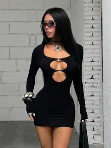 Jeanoix Women's Sexy Hot Girl Style Hollow Chest Rhinestone Short Dress Halloween Club Party Going Out Night Out Black Fall - Black - View 1