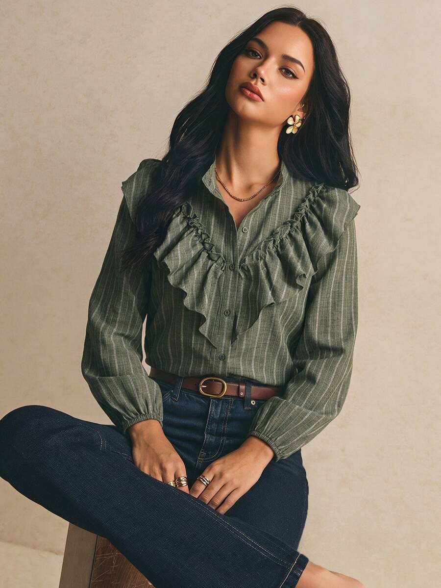 Poéselle Women's Striped Long Sleeve Single-Breasted Patchwork Ruffle Fashion Blouse Fall/Winter Casual Blouses Work Outfits Going Out Outfit Blouse - Green - View 1