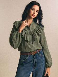 Poéselle Women's Striped Long Sleeve Single-Breasted Patchwork Ruffle Fashion Blouse Fall/Winter Casual Blouses Work Outfits Going Out Outfit Blouse - Green - View 7