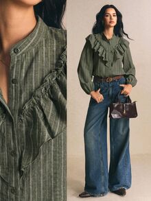 Poéselle Women's Striped Long Sleeve Single-Breasted Patchwork Ruffle Fashion Blouse Fall/Winter Casual Blouses Work Outfits Going Out Outfit Blouse - Green - View 5