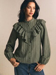Poéselle Women's Striped Long Sleeve Single-Breasted Patchwork Ruffle Fashion Blouse Fall/Winter Casual Blouses Work Outfits Going Out Outfit Blouse - Green - View 4
