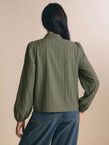 Poéselle Women's Striped Long Sleeve Single-Breasted Patchwork Ruffle Fashion Blouse Fall/Winter Casual Blouses Work Outfits Going Out Outfit Blouse - Green - View 2