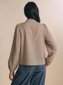 Poéselle 女款條紋長袖單排扣拼接荷葉邊時尚襯衫 秋冬休閒上班穿著外出穿搭上衣 - 杏色 - 查看 2