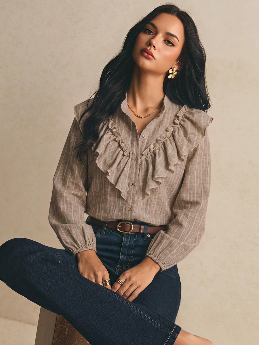 Poéselle 女款條紋長袖單排扣拼接荷葉邊時尚襯衫 秋冬休閒上班穿著外出穿搭上衣 - 杏色 - 查看 1