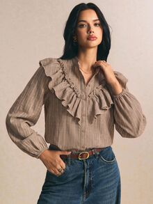 Poéselle 女款條紋長袖單排扣拼接荷葉邊時尚襯衫 秋冬休閒上班穿著外出穿搭上衣 - 杏色 - 查看 6