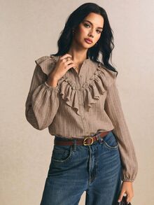 Poéselle 女款條紋長袖單排扣拼接荷葉邊時尚襯衫 秋冬休閒上班穿著外出穿搭上衣 - 杏色 - 查看 7