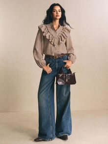Poéselle 女款條紋長袖單排扣拼接荷葉邊時尚襯衫 秋冬休閒上班穿著外出穿搭上衣 - 杏色 - 查看 4