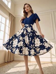 Suri Mira Women's Spring/Summer New Print Colorblock Cinched Waist V-Neck Midi Dress For Outings, Commuting, Casual, Daily, Vacation, Dating, Holiday And Party - Navy Blue - View 4