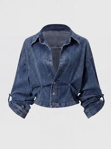 SHEIN MOD 女款休閒街頭風短版夾克，靜奢風新西式旅行夾克，丹寧夾克收腰按扣設計，萬聖節、聖誕節、秋季適用 - 藍色 - 查看 2