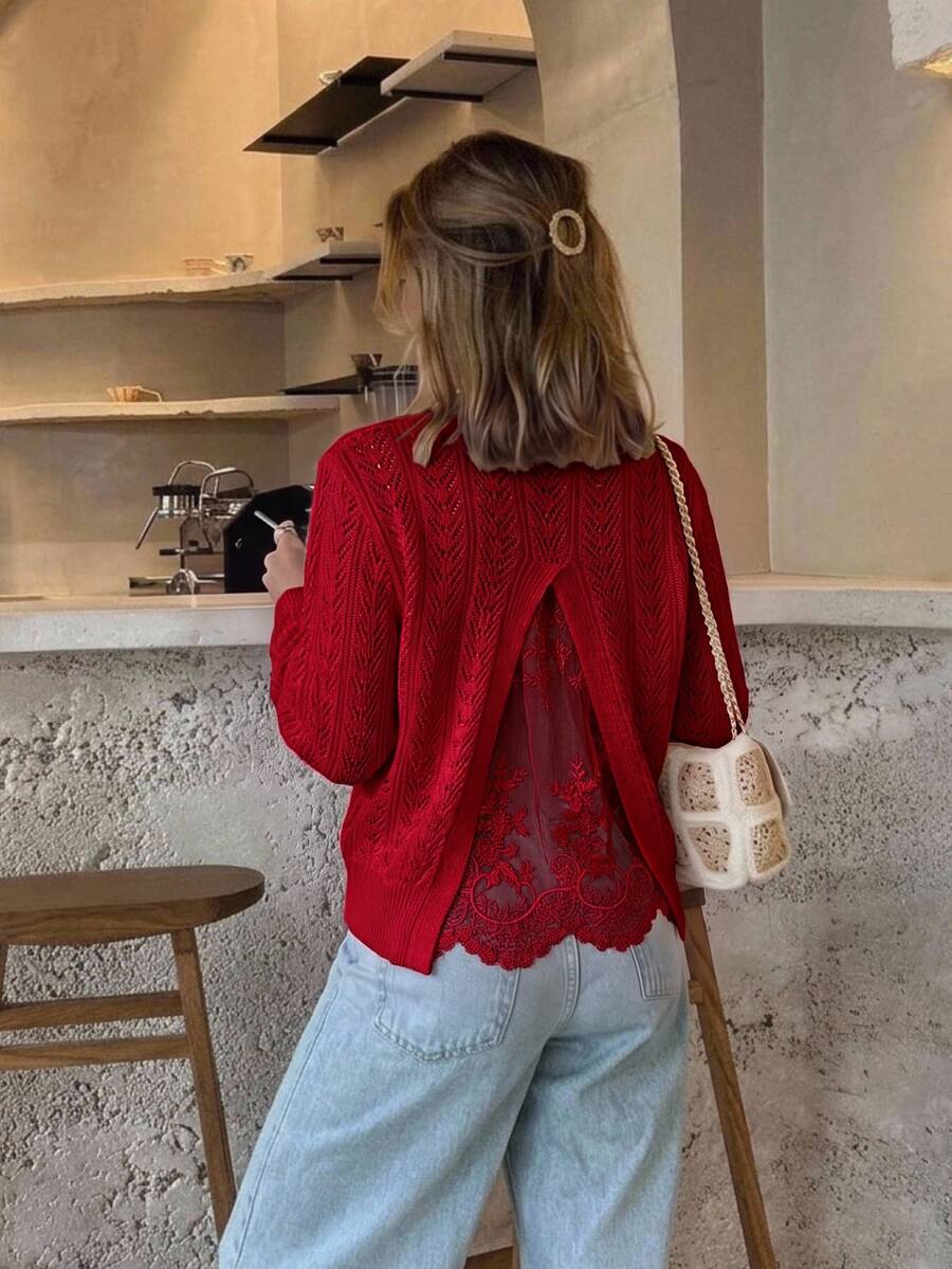 Serisse Women's Elegant Back Mesh Lace Patchwork Hollow Knit Sweater Christmas Red - Red - View 1