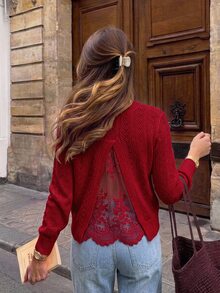 Serisse Women's Elegant Back Mesh Lace Patchwork Hollow Knit Sweater Christmas Red - Red - View 4