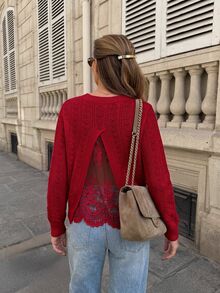 Serisse Women's Elegant Back Mesh Lace Patchwork Hollow Knit Sweater Christmas Red - Red - View 2