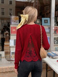 Serisse Women's Elegant Back Mesh Lace Patchwork Hollow Knit Sweater Christmas Red - Red - View 6