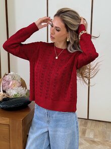 Serisse Women's Elegant Back Mesh Lace Patchwork Hollow Knit Sweater Christmas Red - Red - View 7
