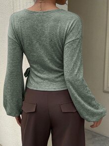 Siren Gaze Women's Casual Solid Color Cinched Waist T-Shirt, Autumn Winter Spring - Army Green - View 2