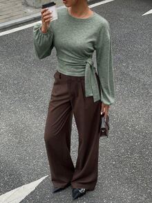 Siren Gaze Women's Casual Solid Color Cinched Waist T-Shirt, Autumn Winter Spring - Army Green - View 4