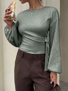 Siren Gaze Women's Casual Solid Color Cinched Waist T-Shirt, Autumn Winter Spring - Army Green - View 6