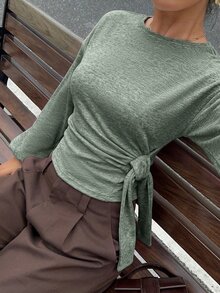 Siren Gaze Women's Casual Solid Color Cinched Waist T-Shirt, Autumn Winter Spring - Army Green - View 5