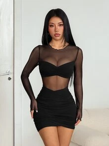 Sinnesro 女款素色對比網格百褶性感迷你洋裝 - 黑色 - 查看 7
