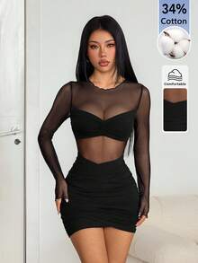 Sinnesro 女款素色對比網格百褶性感迷你洋裝 - 黑色 - 查看 10