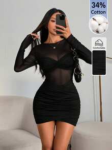 Sinnesro 女款素色對比網格百褶性感迷你洋裝 - 黑色 - 查看 8