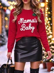 SHEIN Clasi Women's Ribbed Pullover Sweatshirt With Letter Print Pattern, Suitable For Dating, Vacation, Party Everyday Family Home, Christmas New Year Outfit Red - Red - View 2