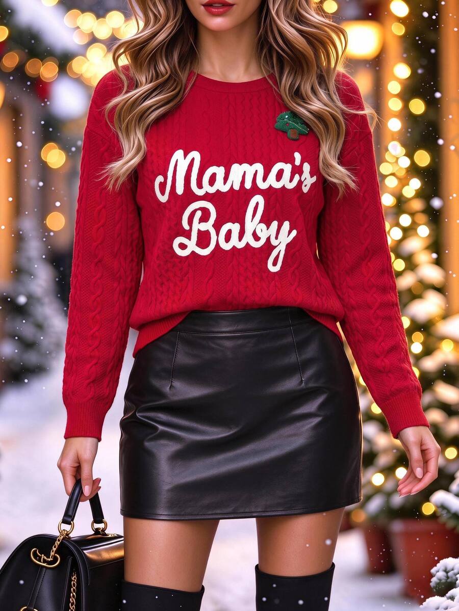 SHEIN Clasi Women's Ribbed Pullover Sweatshirt With Letter Print Pattern, Suitable For Dating, Vacation, Party Everyday Family Home, Christmas New Year Outfit Red