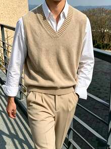 Manfinity Dauomo Commute Office Business Vacation Daily Travel Casual 70s Androgynous Classic Old Money Style Pullover Knit Vest School Graduation Khaki Autumn - Khaki - View 4