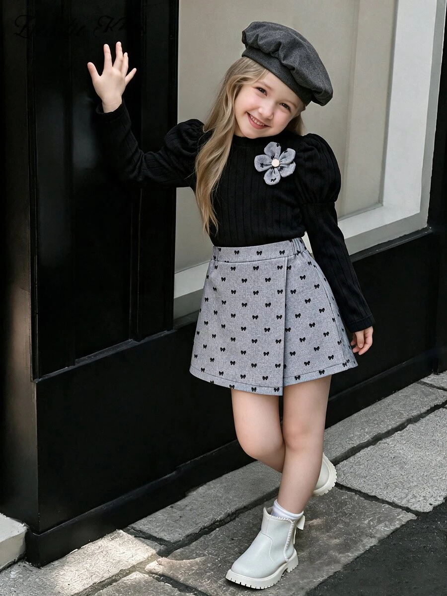 SHEIN Tween Girls Puff Long Sleeve Flower Top And Bow Print Shorts Two Pieces Set School Off Campus Black Grey Fall Cute Matching Cool Girl - Multicolor - View 1
