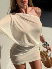 SHEIN Swim Women's Spring/Summer Beach Mesh Asymmetric Neck Asymmetric Cold Shoulder Short Sleeve Cinched Waist Bodycon Bikini Cover-Up Vacation Dress - Apricot - View 2