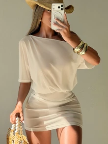 SHEIN Swim Women's Spring/Summer Beach Mesh Asymmetric Neck Asymmetric Cold Shoulder Short Sleeve Cinched Waist Bodycon Bikini Cover-Up Vacation Dress - Apricot - View 5
