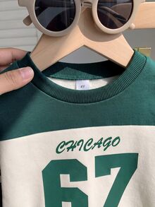 Boys (Small) Sweatshirt Set, Top Is Dark Green And Beige Colorblock Sweatshirt With "CHICAGO" And Large Number 67 Printed On Chest, Sleeves With Two White Horizontal Stripes, Ribbed Collar And Cuffs, Matching Dark Green Sweatpants With Double White Vertical Stripes On Sides, Number 67 Printed On Pants, Ribbed Cuffs - Multicolor - View 4