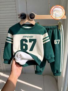 Boys (Small) Sweatshirt Set, Top Is Dark Green And Beige Colorblock Sweatshirt With "CHICAGO" And Large Number 67 Printed On Chest, Sleeves With Two White Horizontal Stripes, Ribbed Collar And Cuffs, Matching Dark Green Sweatpants With Double White Vertical Stripes On Sides, Number 67 Printed On Pants, Ribbed Cuffs - Multicolor - View 3