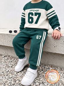 Boys (Small) Sweatshirt Set, Top Is Dark Green And Beige Colorblock Sweatshirt With "CHICAGO" And Large Number 67 Printed On Chest, Sleeves With Two White Horizontal Stripes, Ribbed Collar And Cuffs, Matching Dark Green Sweatpants With Double White Vertical Stripes On Sides, Number 67 Printed On Pants, Ribbed Cuffs - Multicolor - View 1