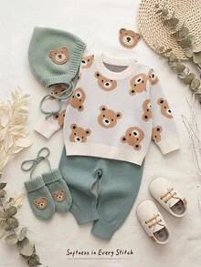 Cozy Pixies Kids Newborn Baby Cute Bear Cartoon Sweater & Long Pants 2 Pieces Set, Suitable For Autumn/Winter - Multicolor - View 4