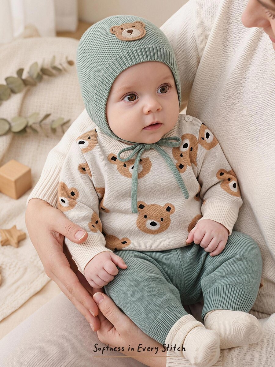 Cozy Pixies Kids Newborn Baby Cute Bear Cartoon Sweater & Long Pants 2 Pieces Set, Suitable For Autumn/Winter - Multicolor - View 1