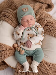Cozy Pixies Kids Newborn Baby Cute Bear Cartoon Sweater & Long Pants 2 Pieces Set, Suitable For Autumn/Winter - Multicolor - View 2