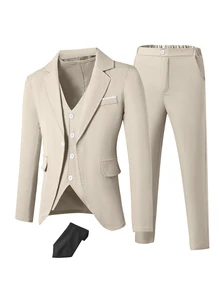 4pcs Teenagers White Black Suit Jacket Vest Tie Trousers, Fall Gentleman Attire For Wedding Rave Party Sixth Form, Graduation, Formal Occasions Baggy - Apricot - View 6