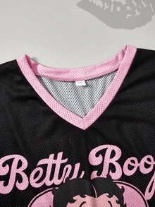 Betty Boop x SHEIN Plus Size Casual Black Semi Sheer Knitted Fabric V Neck Long T-Shirt With Letter Print Half Sleeve Drop Shoulder And Pointelle Details - Black - View 6