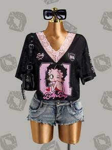 Betty Boop x SHEIN Women's Contrast Lace V-Neck Short Sleeve T-Shirt, - Black - View 3