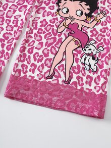 Betty Boop x SHEIN 女款蕾絲拼接細肩帶上衣與長褲休閒居家睡衣套裝 - 玫紅色 - 查看 7