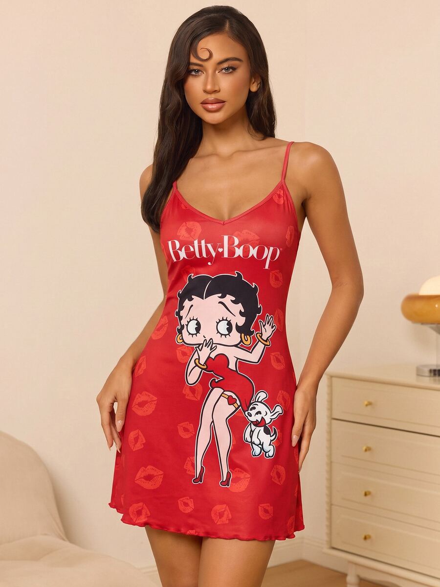 Betty Boop x SHEIN 女款卡通印花細肩帶睡裙 - 紅色 - 查看 1