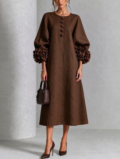 SHEIN Women's Spring/Autumn New Vintage Brown Round Neck Button 3D Floral Long Sleeve Dress, Coffee Tone With Retro Vibe, Round Neck With Button Decoration, Draping And Relaxed Fit, Cuffs Adorned With 3D Fabric Large Flowers, Loose Straight Long Skirt, Lazy And Elegant Atmosphere, Suitable For Romantic Outfits In Autumn And Early Spring