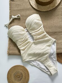 Swim Chiccia HEIN Swim Chicsea-D Women's Jacquard Fabric Strapless Pearl Decor One-Piece Swimsuit, Spring/Summer - Beige - View 2