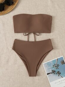 Swim Chiccia 2026 Special Fabric Women's Brown Side High Cut Halter Backless Tie Vacation Bikini Two Pieces Swimwear, Spring/Summer - Coffee Brown - View 5