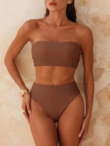 Swim Chiccia 2026 Special Fabric Women's Brown Side High Cut Halter Backless Tie Vacation Bikini Two Pieces Swimwear, Spring/Summer - Coffee Brown - View 4