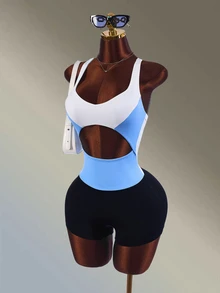 Amplova Women's Colorblock Cutout Design Sleeveless Sports Romper - Blue - View 4